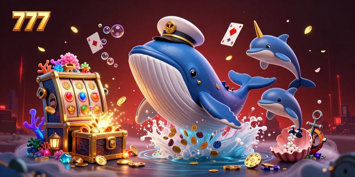 Engage with 777 casino fun as a whale captain breaks through coins, with slot elements in a vibrant scene.