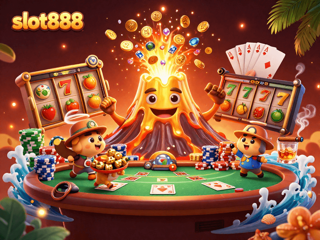 Permainan slot888 menawarkan banyak semburan koin dan simbol keberuntungan di latar Vulkan emas.
