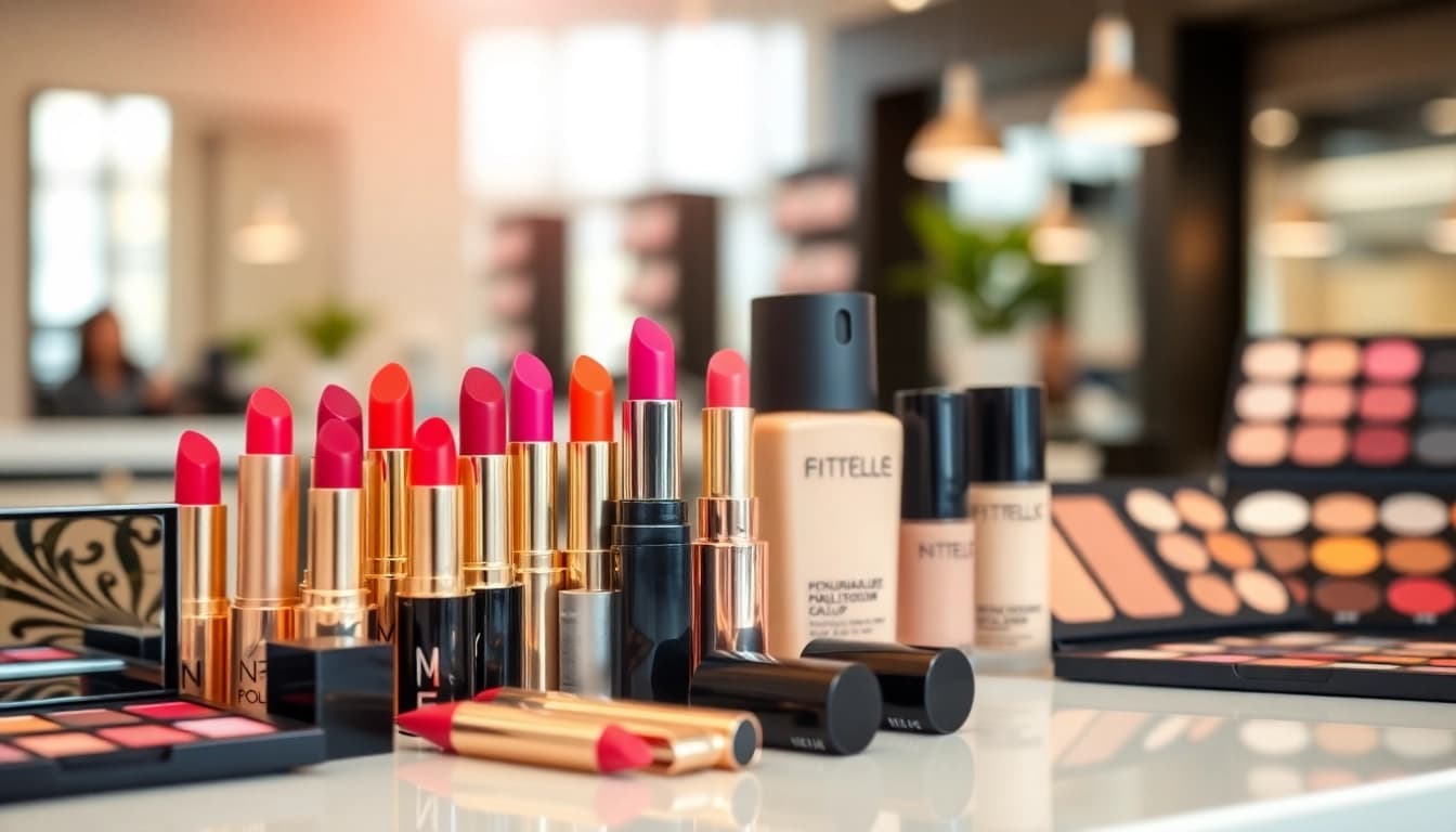 Showcase vibrant wholesale makeup products arranged elegantly on a professional display.