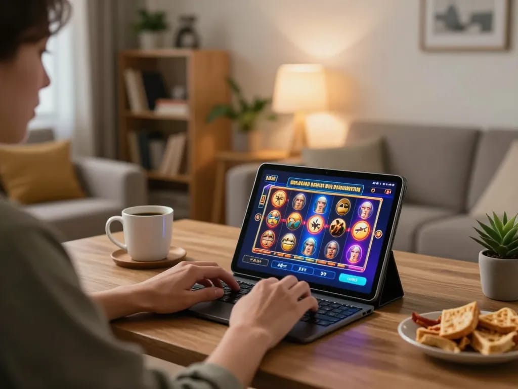 Player enjoying a slot bet on a tablet in a cozy home setting with snacks and warm lighting.