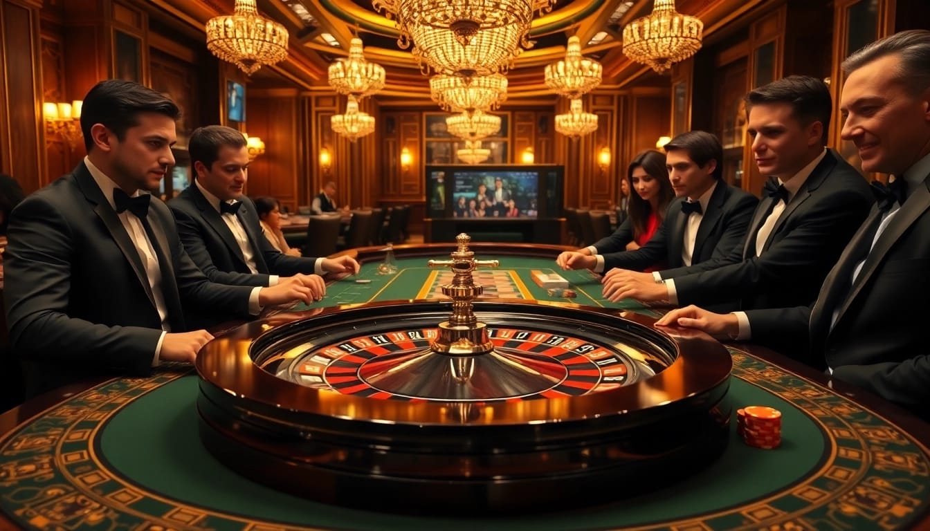 Vivez un gameplay palpitant au meilleur casino en ligne france avec des joueurs engagés autour d'une table de roulette luxueuse.