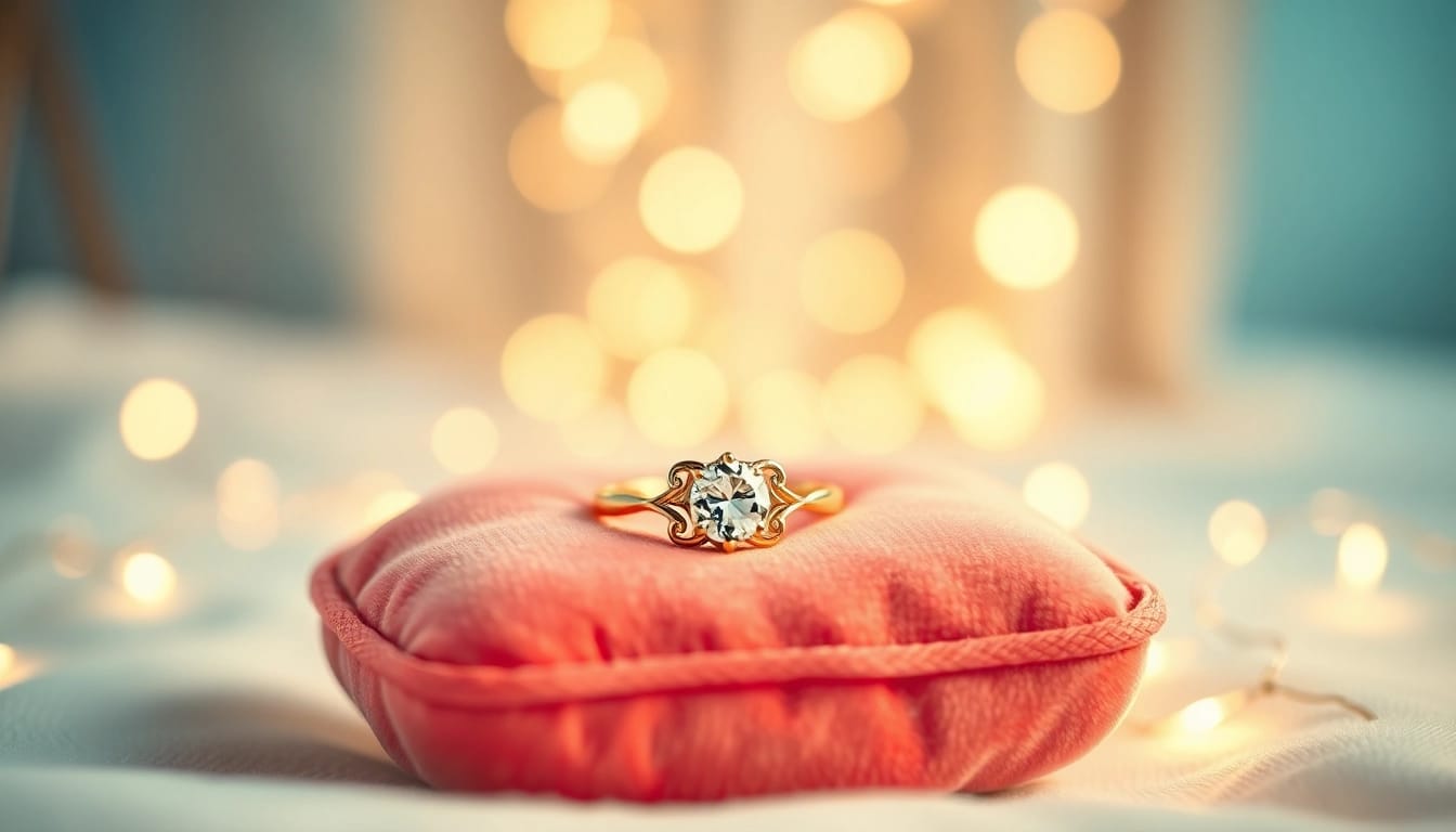 Stunning promise rings feature prominently on a velvet cushion, capturing the essence of love and commitment.