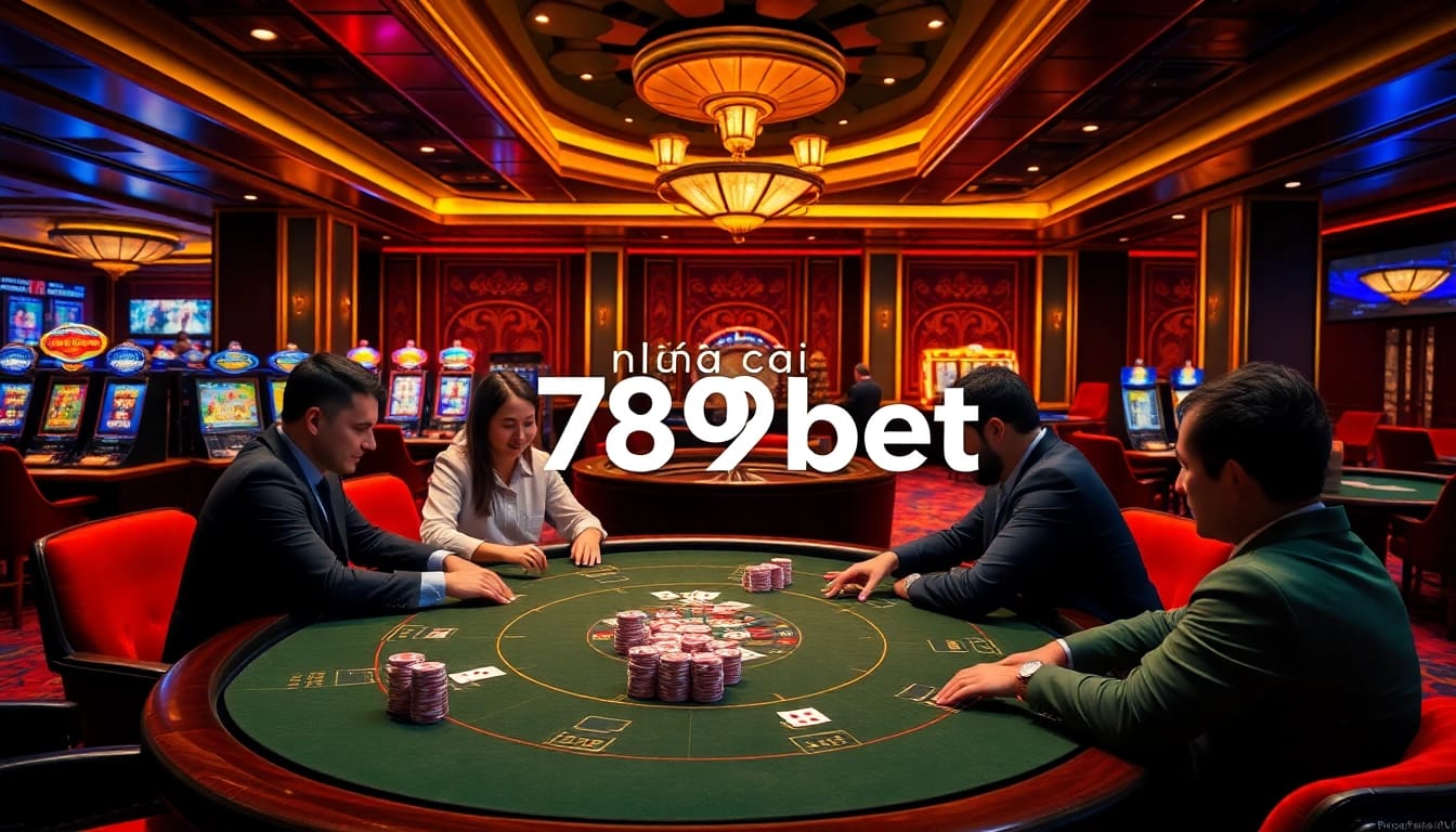 Engaging scene at nhà cái 789bet with professional gamers at a vibrant poker table and luxury casino ambiance.