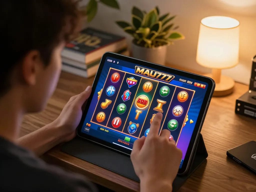 Engaging in MAU777 daftar online slots on a tablet in a cozy living room