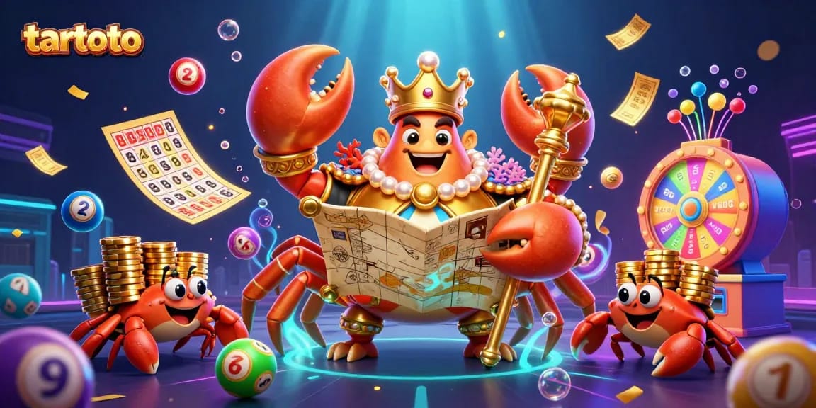 Experience excitement at tartoto with a golden crab emperor in a vibrant casino scene.