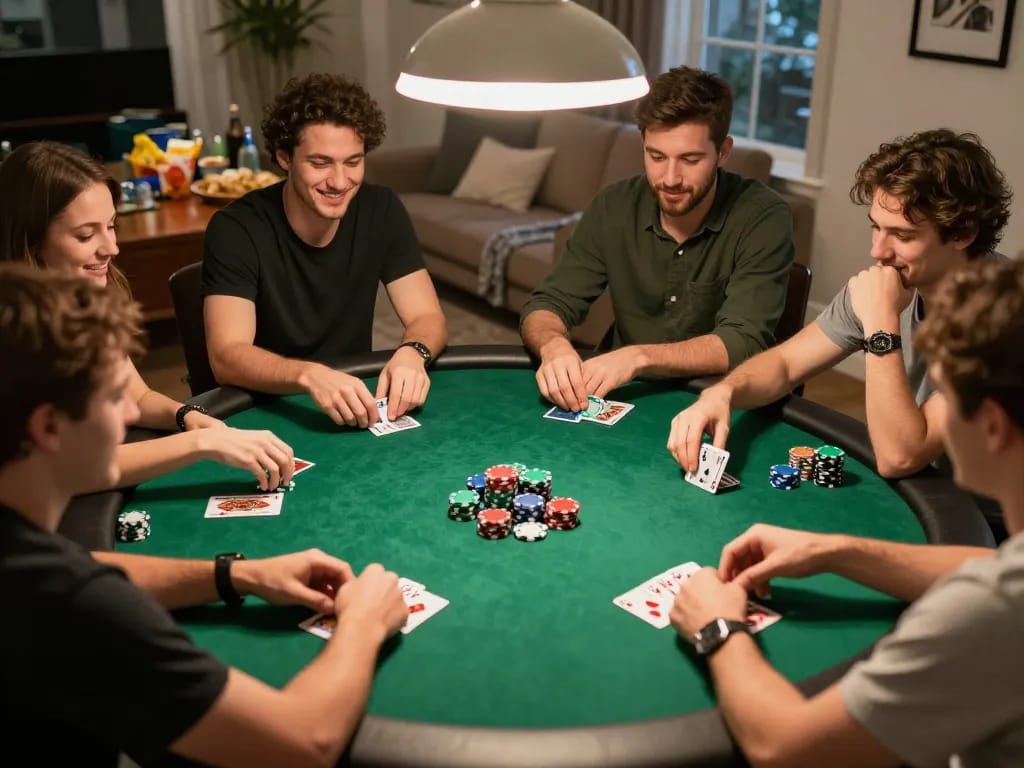 Friends enjoying strategic gameplay at home poker night featuring 388bet casino experience.