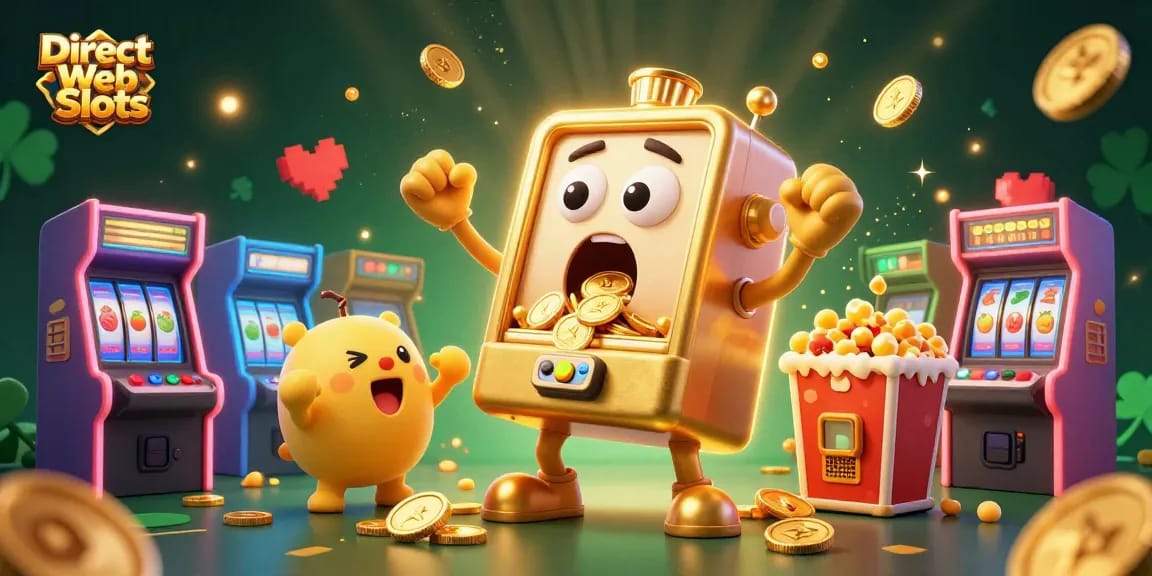 Experience Direct Web Slots with a cartoon golden slot machine celebrating a jackpot amidst many game elements.
