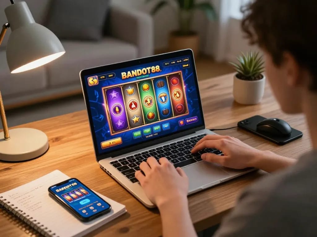 Engaging with BANDOT88 slot games at home with a laptop, showcasing a cozy gaming atmosphere.