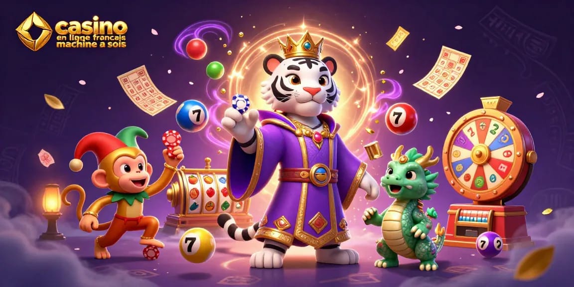 Une illustration dynamique représentant un tigre en 3D avec une couronne, un singe en train de jongler et des machines à sous colorées, pour casino en ligne français machine à sous.
