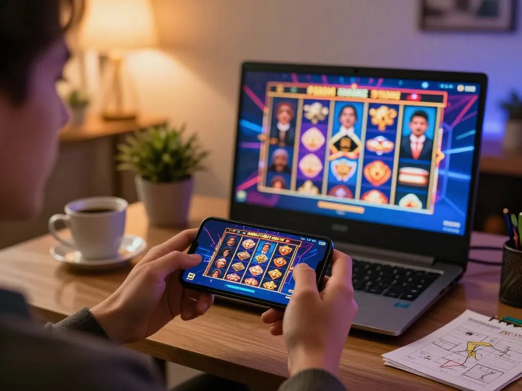 Engaged in online gaming at home, exploring casino senza licenza aams options with strategy notes nearby