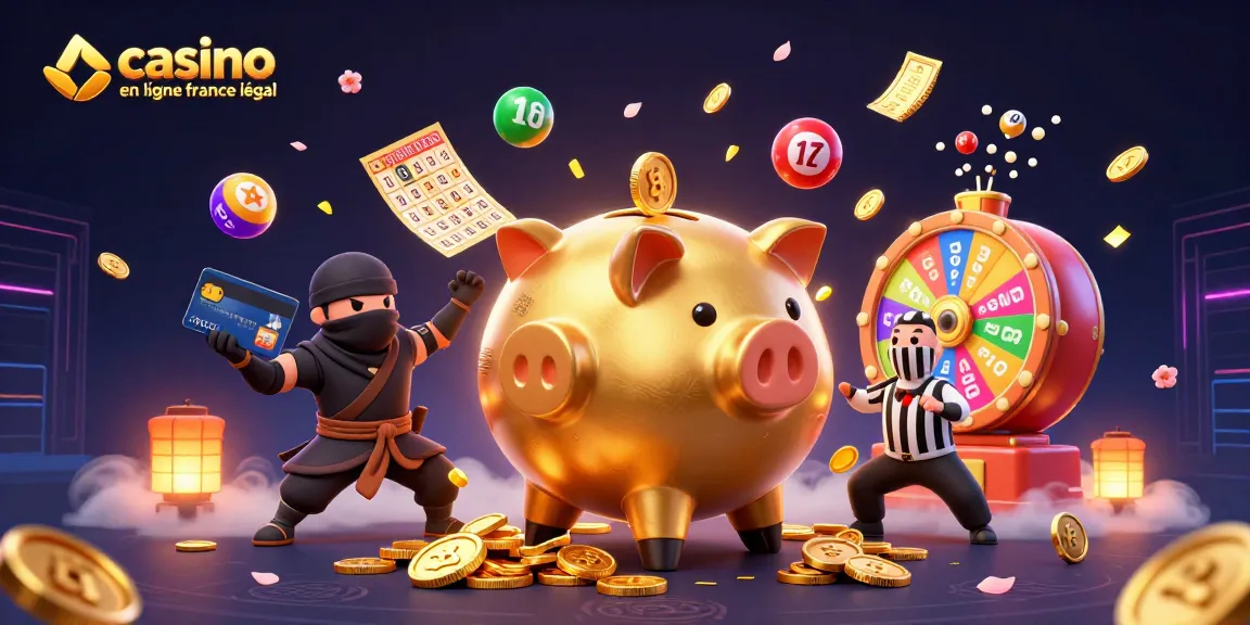 Illustration dynamique de jeu casino en ligne France légal avec un sumo, un ninja et un samouraï au milieu des jeux d'argent.