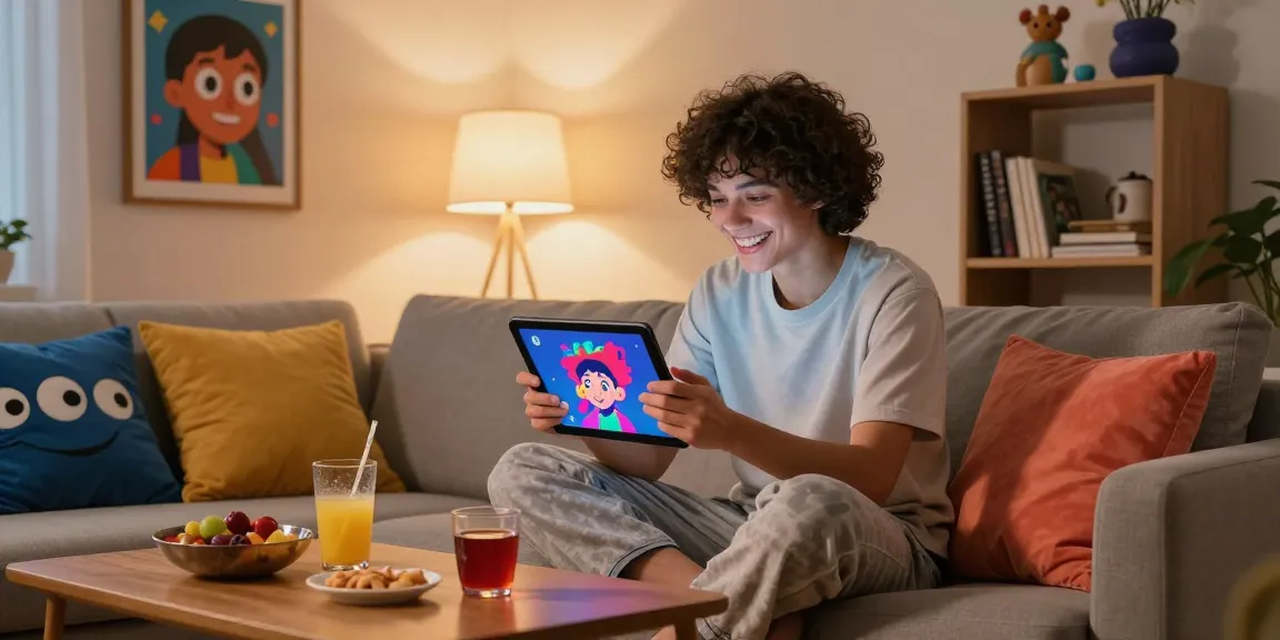 Engaging in an NSFW chat on a tablet in a cozy modern living room.