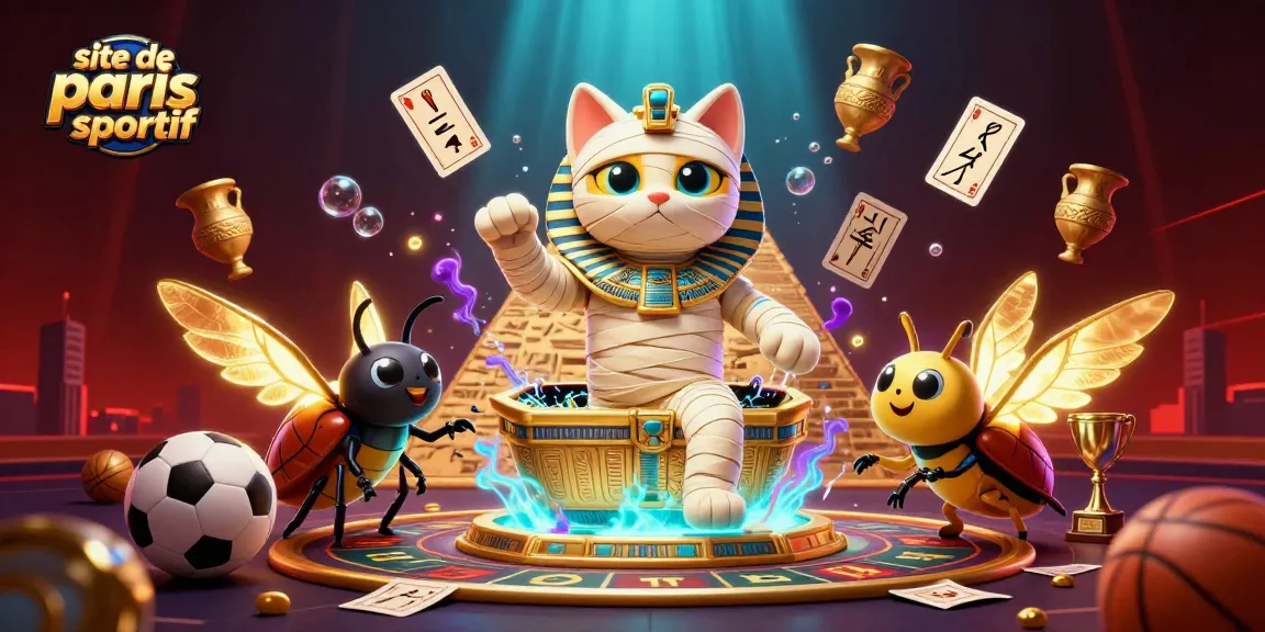 Illustration dynamique d'un site de paris sportif avec un chat momie égyptien et des éléments de paris.