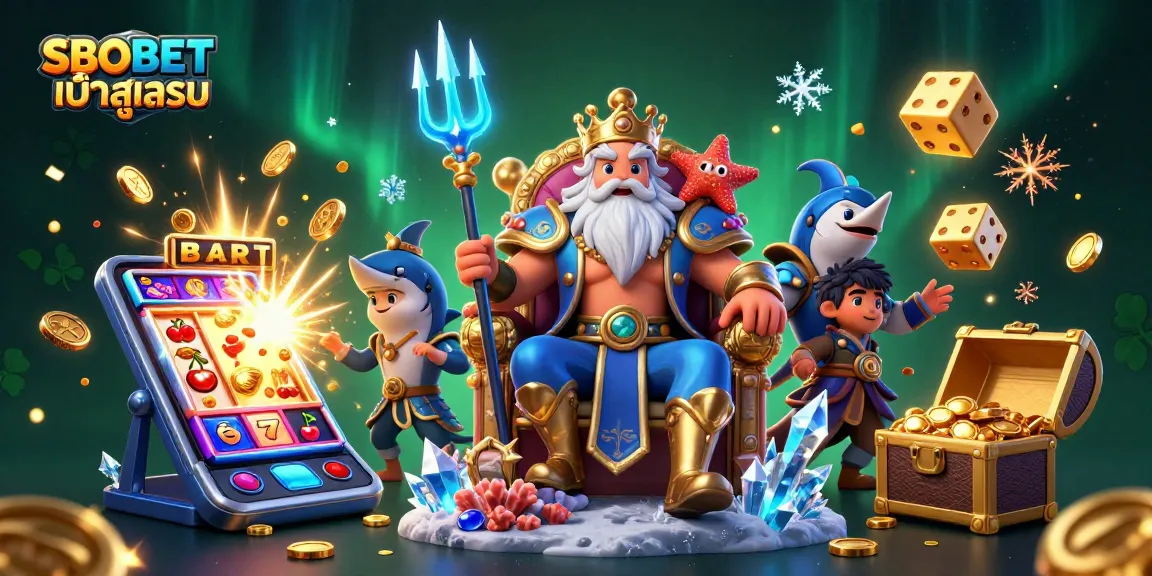 SBOBET เข้าสู่ระบบ illustrated scene featuring Neptune, a swordfish samurai, and festive gambling elements.