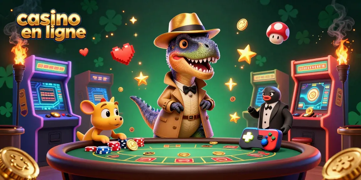 Une illustration 3D de casino en ligne avec un vélociraptor joueur de cartes et un boss surveillant.