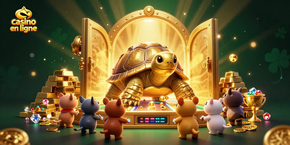 Vivez l'expérience du casino en ligne avec une tortue colossale en machine à sous illuminée et des trésors étincelants autour.