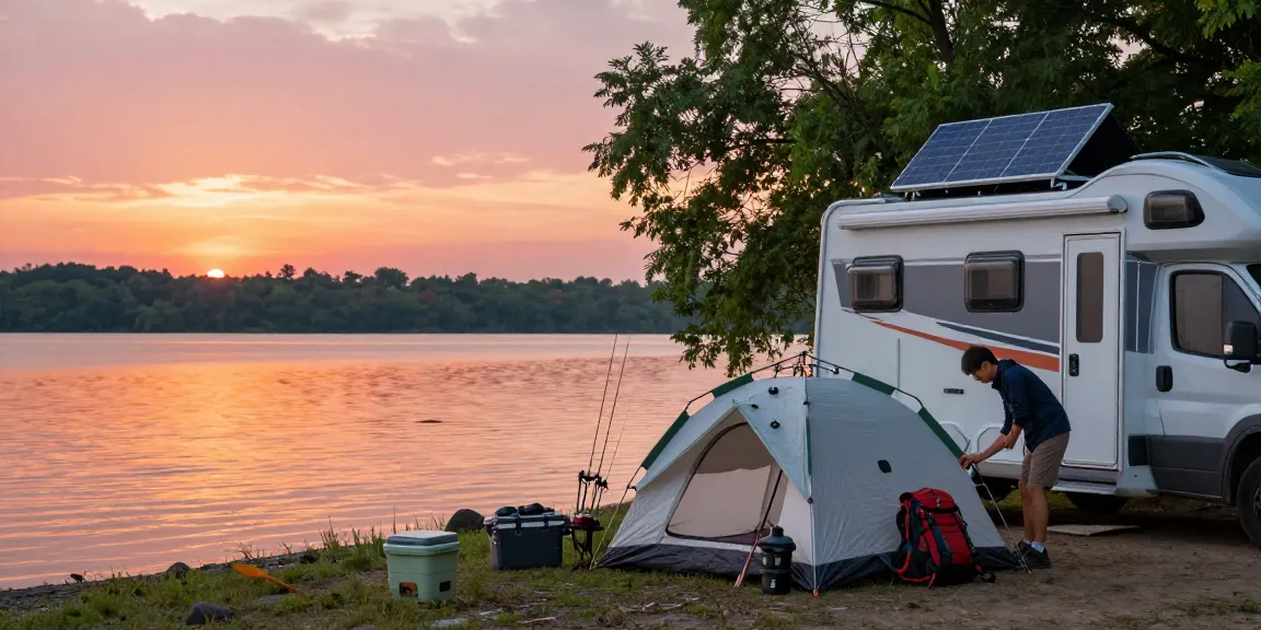 Flexible Solar Panel charging devices at a lakeside camping setup with RV and tents