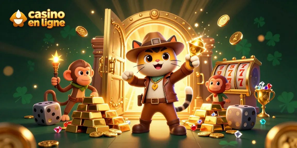 Profitez d'un moment de jeu captivant avec casino en ligne, illustré par un chat explorateur et un singe.
