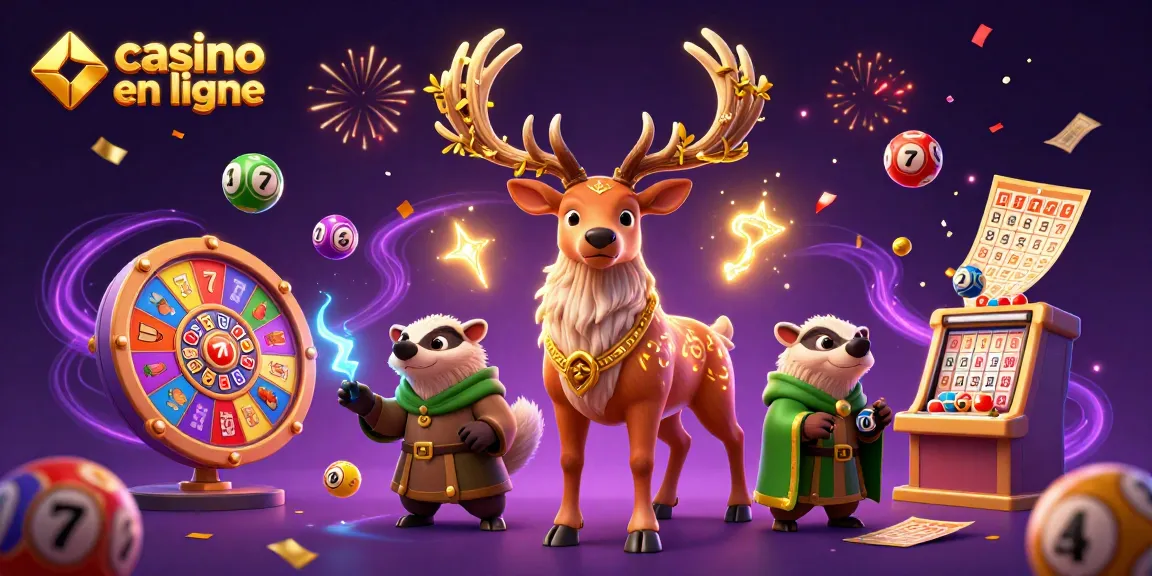 Visualisez l'expérience du casino en ligne avec un cerf druidique et un blaireau entourés de jeux de loterie.