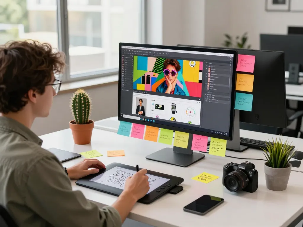 Designer generating image to prompt in a vibrant creative office, showcasing digital tools and sketches.