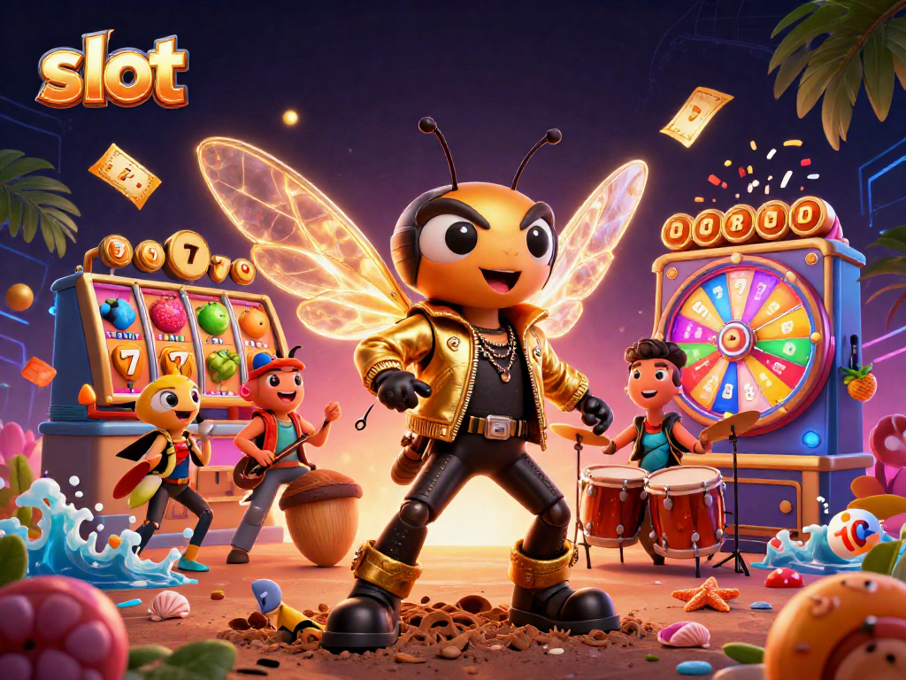 Exciting slot-themed illustration featuring vibrant 3D characters, jackpot elements, and dynamic gameplay action.