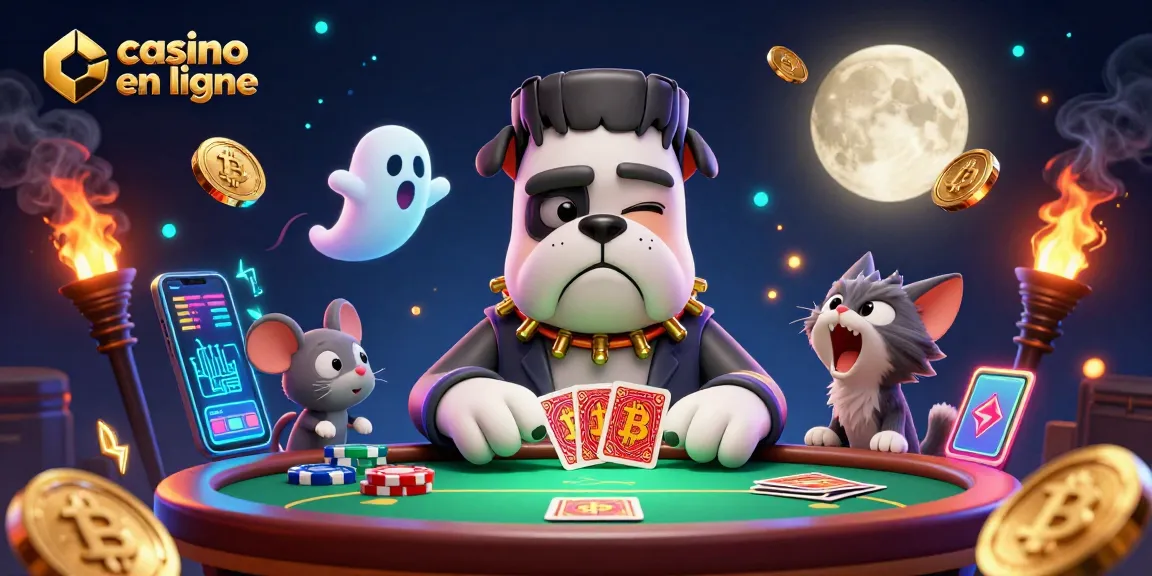 Jouer au casino en ligne avec un bulldog et un chat-garou dans une illustration captivante.