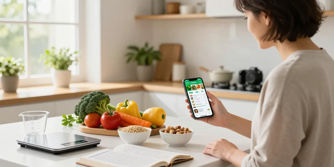 Using the best nutrition app for meal tracking in a sunny kitchen with fresh ingredients.
