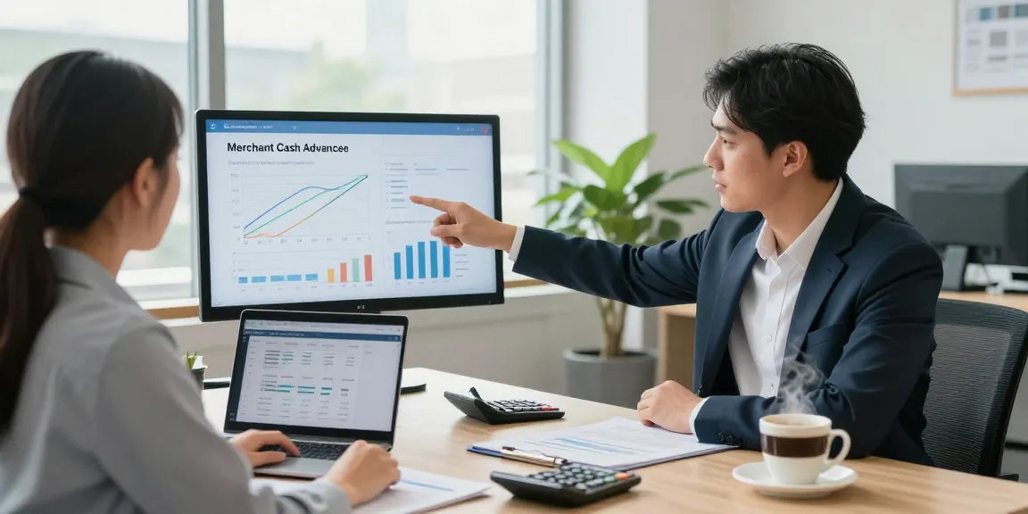 Engaging office conversation discussing if merchant cash advance is legit, showcasing financial analysis materials and a professional atmosphere.