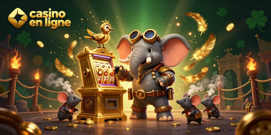 Visuel captivant de casino en ligne avec un éléphant steampunk et une machine à sous dorée.