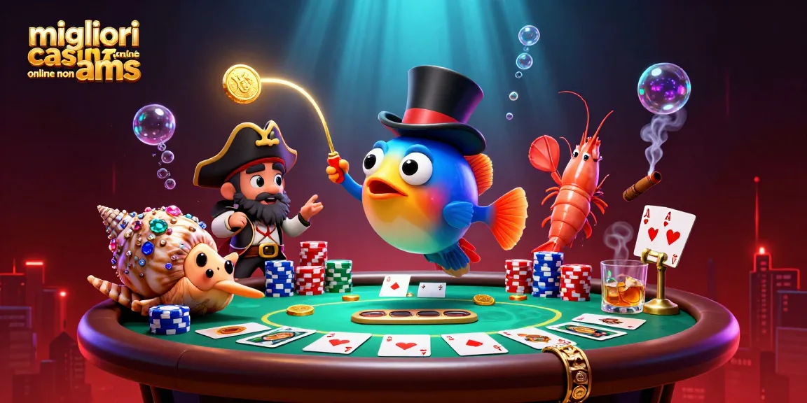 Illustra i migliori casinò online non aams con pesci giocosi e elementi di poker vibranti.