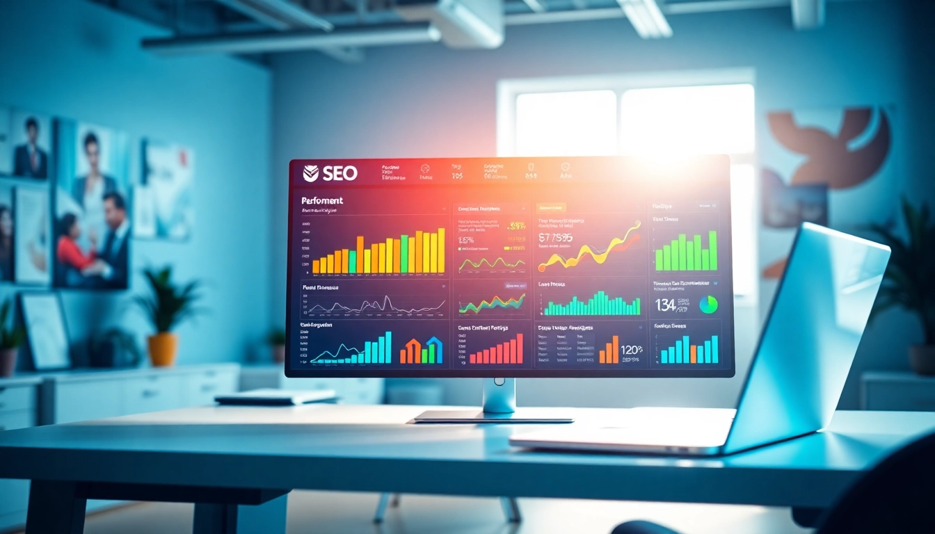 Track SEO performance metrics through an analytical dashboard in a modern workspace.