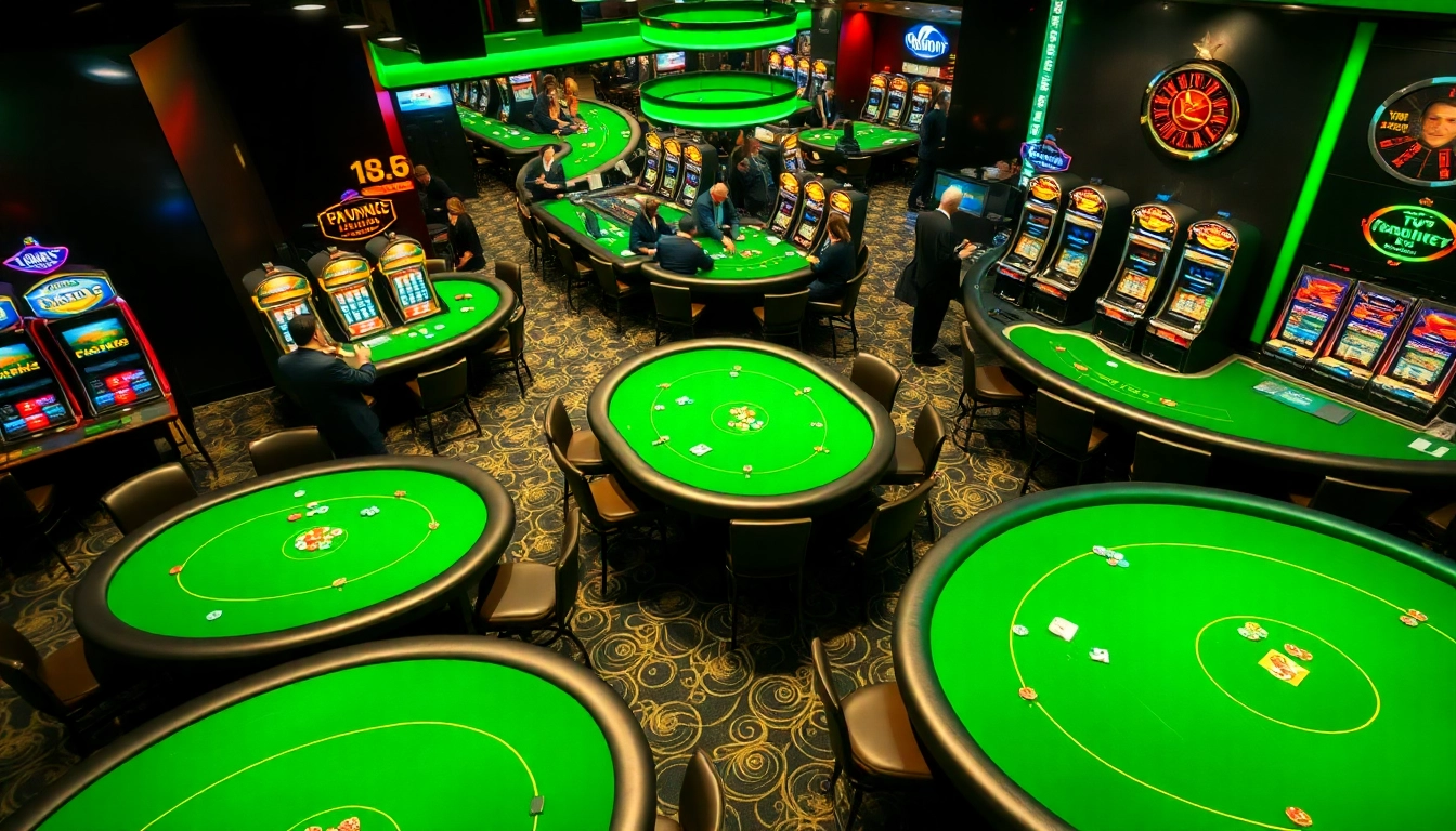 Menggambarkan suasana kasino yang cerah dan ramai dengan fitur bbni4d yang menarik.