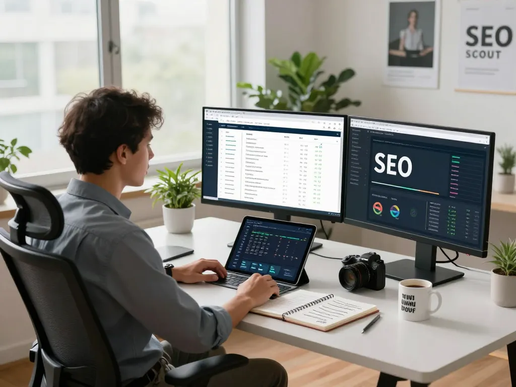 SEO Audit Tool usage in a modern workspace with analytics dashboards and website reports.