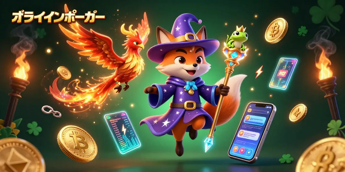 オンラインポーカーでスリリングな勝負を楽しむミステリアスなキャラクターたちのイラスト