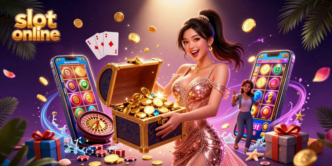 Engage with slot online gaming excitement as a joyful woman presents a treasure chest overflowing with riches.