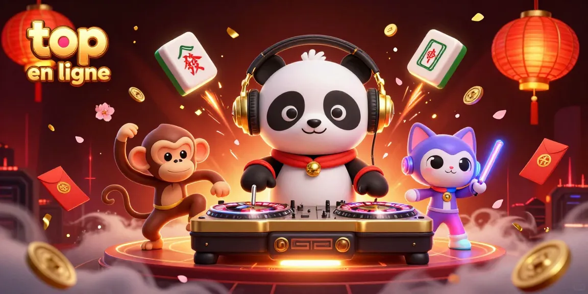 Découvrez le top casino en ligne avec une ambiance festive et dynamique illustrée par un panda DJ et ses amis.