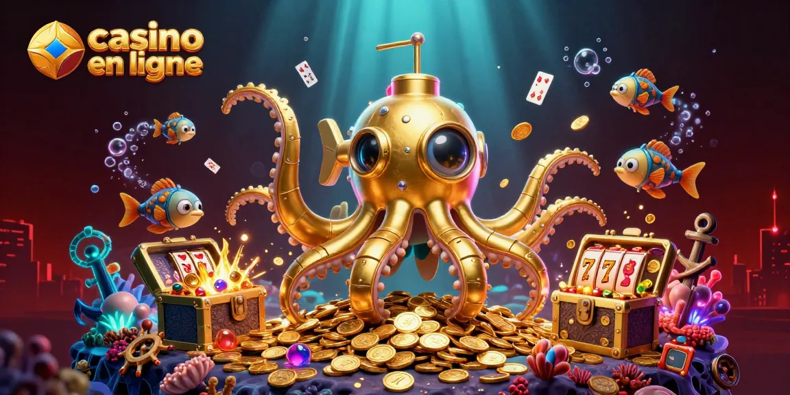 Plongez dans l’univers du casino en ligne avec cette illustration colorée de la machine à sous et du kraken.