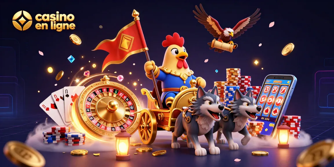 Scène dynamique avec le casino en ligne, un roi coq et des éléments de jeu colorés.