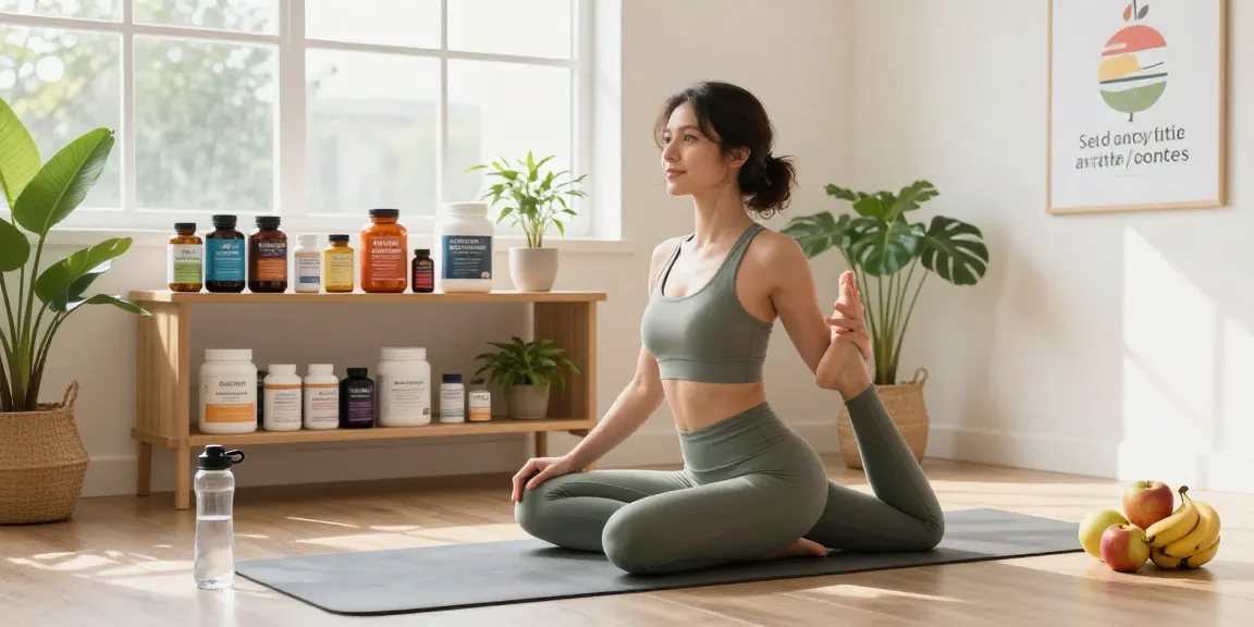 Premium wellness supplements displayed in a serene home yoga scene, showcasing health and vitality.