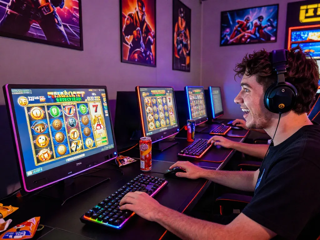 Permainan slot777 di laptop gaming dengan aksesori dan suasana yang ceria.