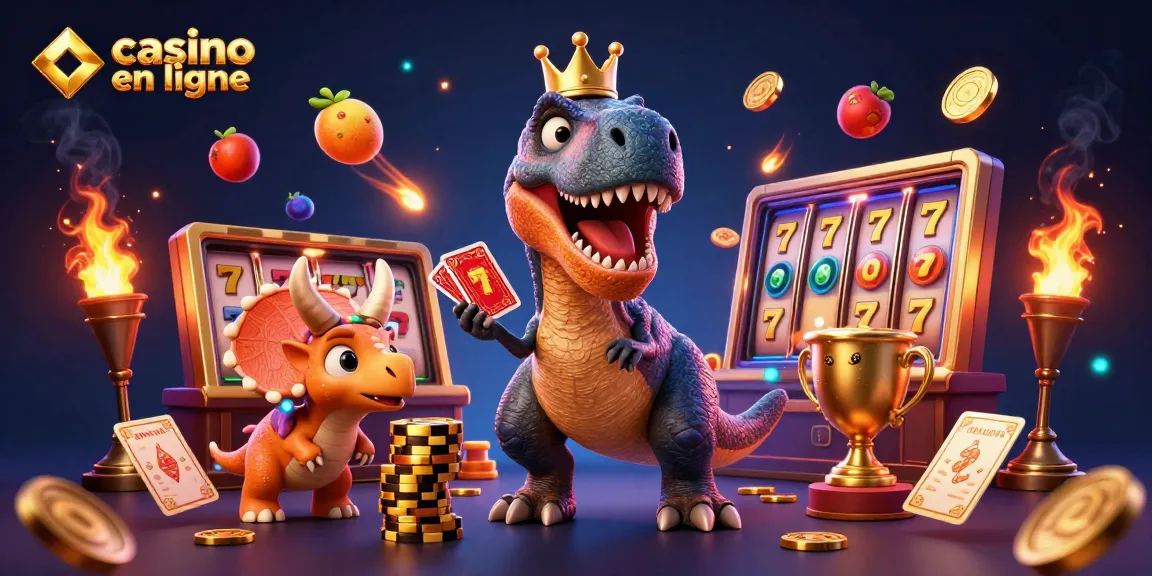 Découvrez l'univers du casino en ligne avec un T-Rex jouant aux cartes tout en empilant des jetons !