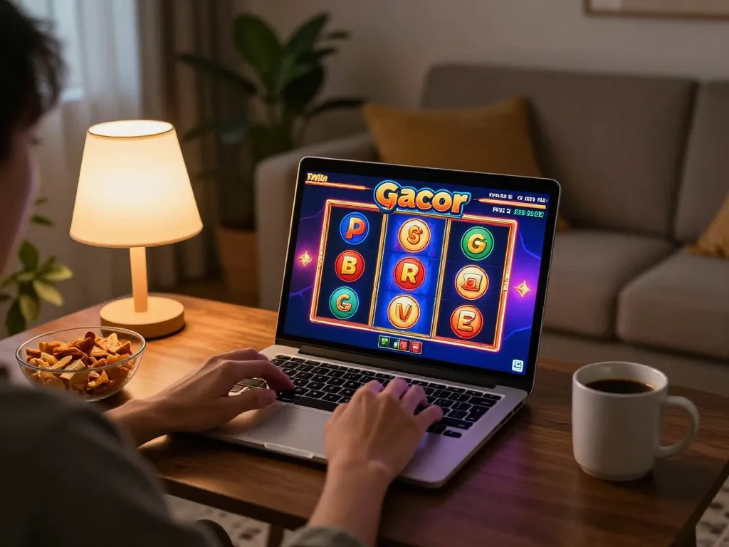 Player engaging with slot gacor on laptop, cozy environment highlights online gaming.