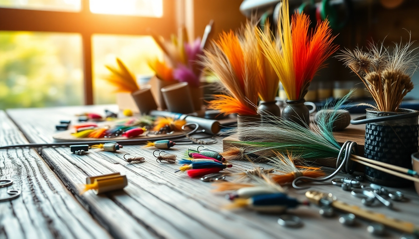Engaging fly tying workspace showcasing colorful materials and tools.
