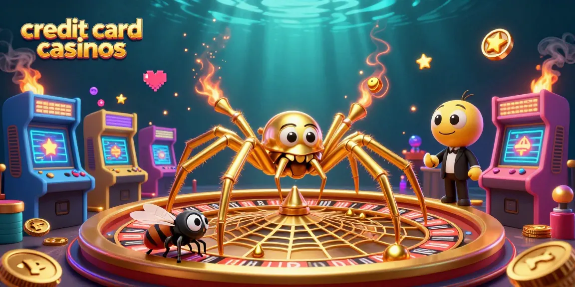 Engage with credit card casinos in this dynamic 3D casino scene featuring poker elements and vivid gaming icons.