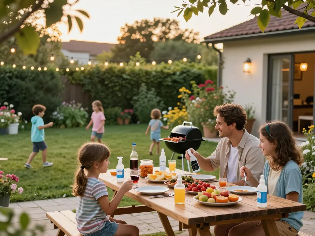 Family enjoying a barbecue outdoors, mosquito repellent spray on the table for protection