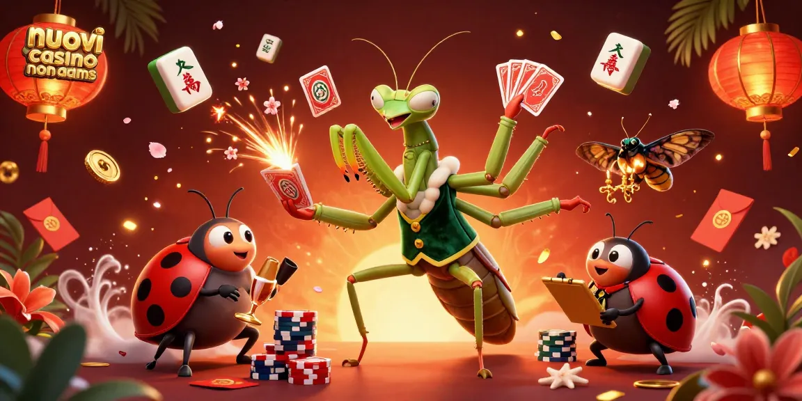 Visita i nuovi casino non AAMS con un mantide che distribuisce carte e gettoni tra decorazioni scintillanti.
