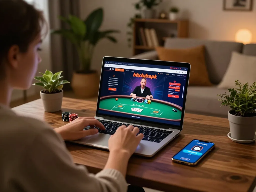 Engaged player using hitclubapk app on a laptop in a cozy home gaming setup.
