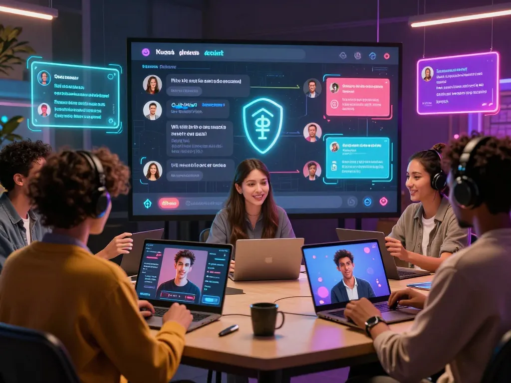 Engaging scene with users interacting through AI chatbots for adult conversations, featuring modern digital interfaces.