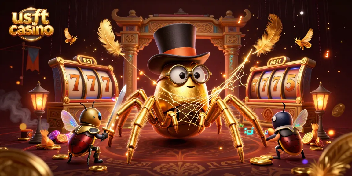 Gioca nei migliori usdt casino con una tarantola d'oro e un cavaliere, circondati da slot machine e monete d'oro.