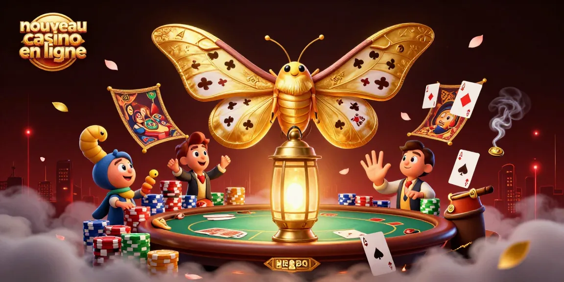 Plongez dans un nouveau casino en ligne avec une illustration captivante mettant en avant des éléments de poker et un papillon de nuit mythique.